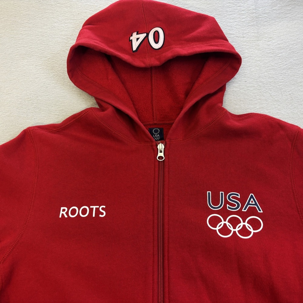 Vtg Roots Olympic USA Hoodie Women XXL Red 04 Athens Full Zip Fleece Sweatshirt - Picture 2 of 9